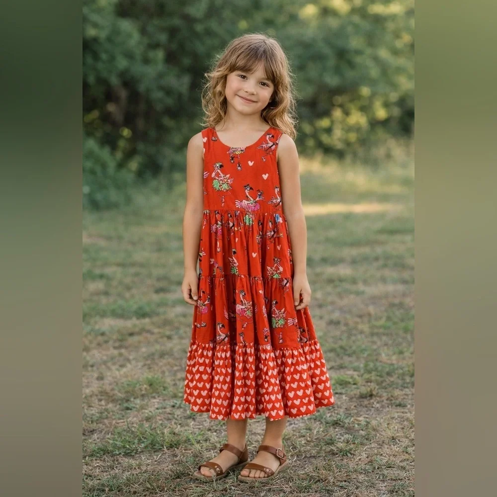 Stella McCartney Orange Flamingo Heart Tiered Dress in size 8 YR Girls